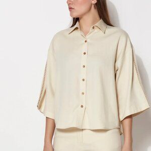 Anjum Khan Alvyia Natural Collared Short Sleeve Shirt Organic Cotton Size XS NWT